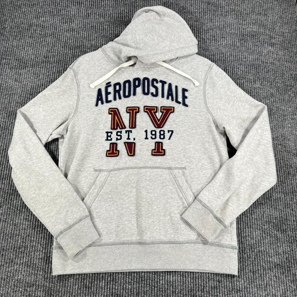 Vintage Aeropostale Hoodie Sweatshirt Mens Medium Gray Long Sleeve 1990's